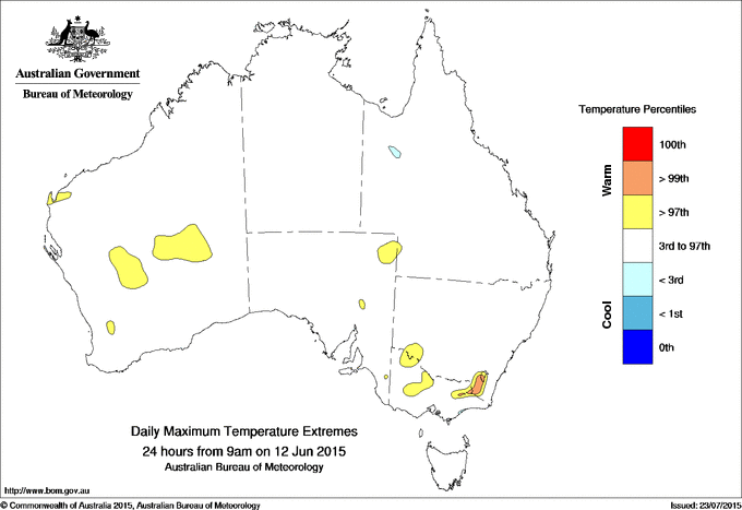 Australian daily maximum temperature extreme area maps