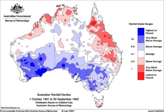 Twenty-four-monthly rainfall deciles for Australia
