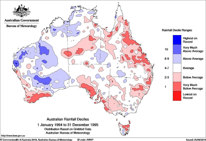 Twenty-four-monthly rainfall deciles for Australia