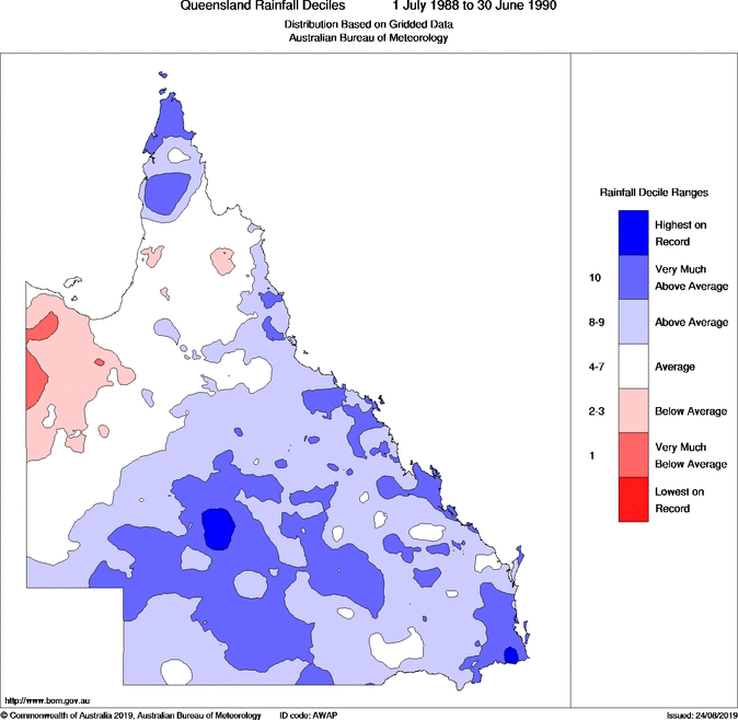 Twenty-four-monthly rainfall deciles for Queensland