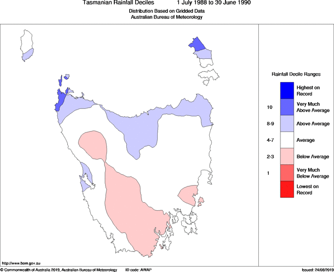 Twenty-four-monthly rainfall deciles for Tasmania