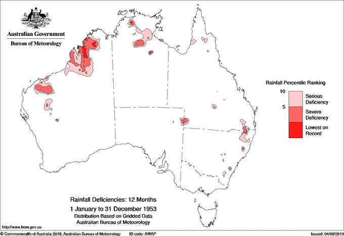 Twelve-monthly rainfall deficiency for Australia
