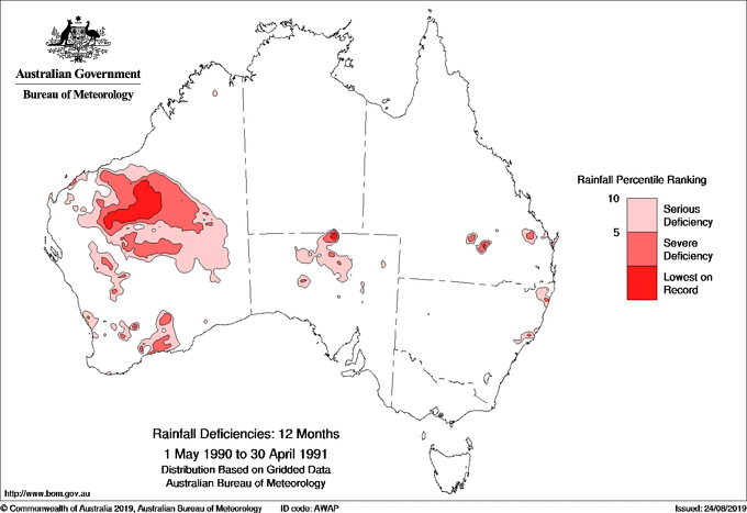 Twelve-monthly rainfall deficiency for Australia
