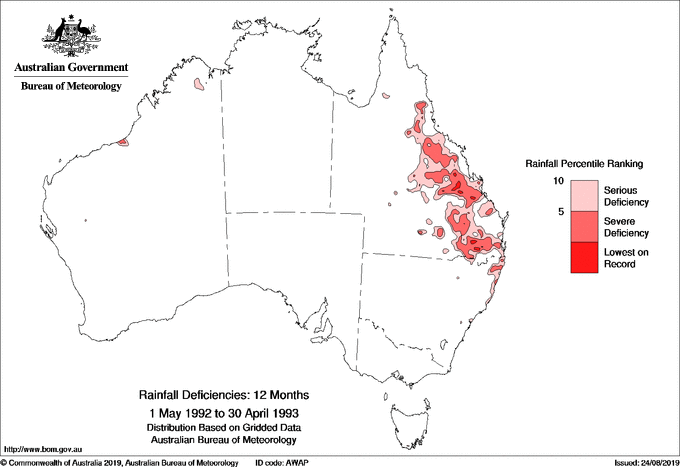 Twelve-monthly rainfall deficiency for Australia