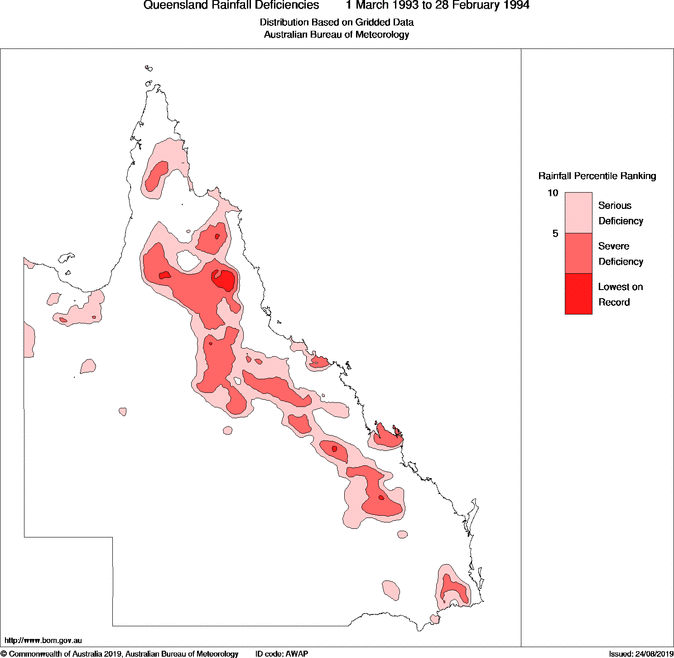 Twelve-monthly rainfall deficiency for Queensland