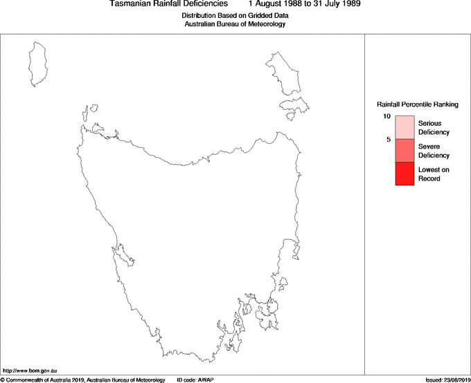 Twelve-monthly rainfall deficiency for Tasmania