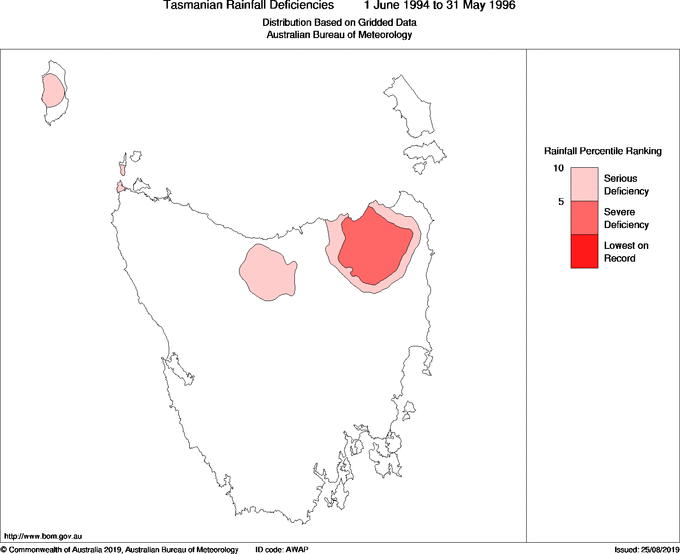Twenty-four-monthly rainfall deficiency for Tasmania