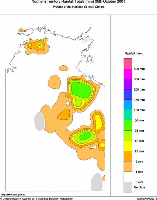 Daily rainfall totals for Northern Territory