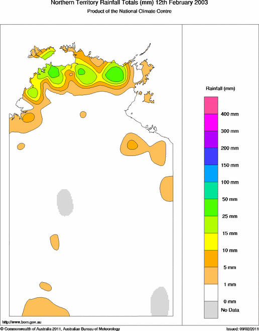 Daily rainfall totals for Northern Territory