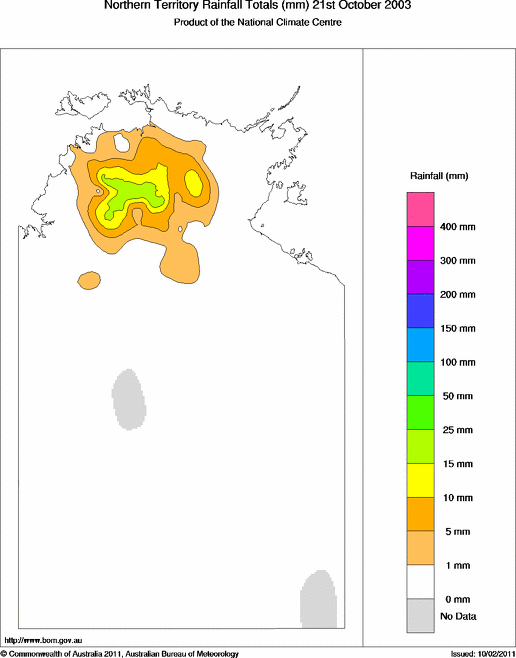Daily rainfall totals for Northern Territory