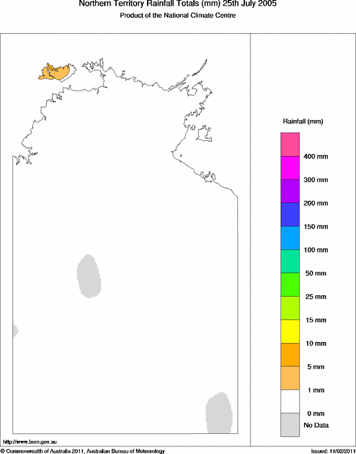 Daily rainfall totals for Northern Territory