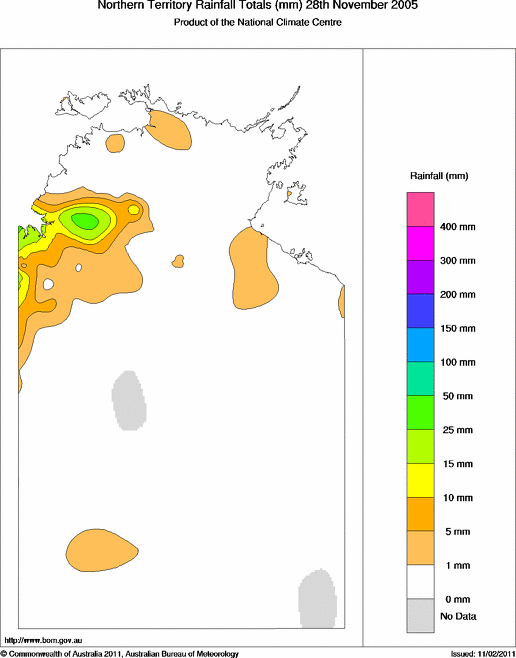 Daily rainfall totals for Northern Territory