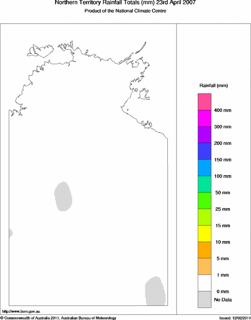Daily rainfall totals for Northern Territory