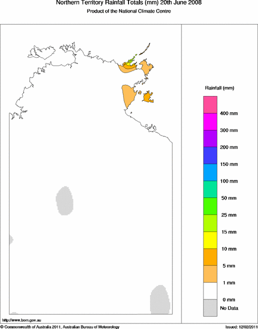 Daily rainfall totals for Northern Territory