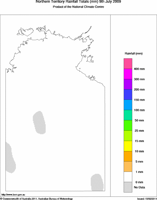 Daily rainfall totals for Northern Territory