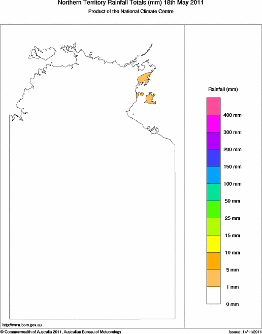 Daily rainfall totals for Northern Territory