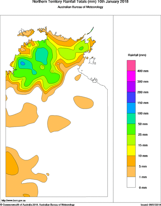 Daily rainfall totals for Northern Territory