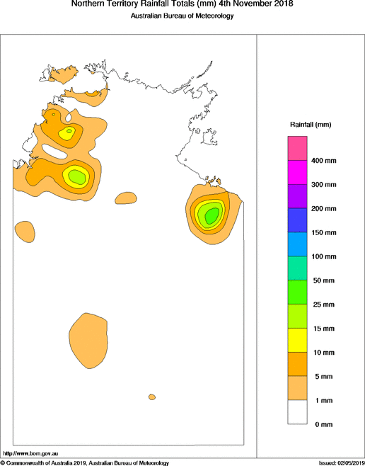 Daily rainfall totals for Northern Territory