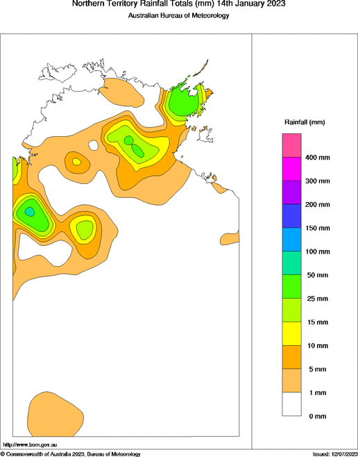 Daily rainfall totals for Northern Territory