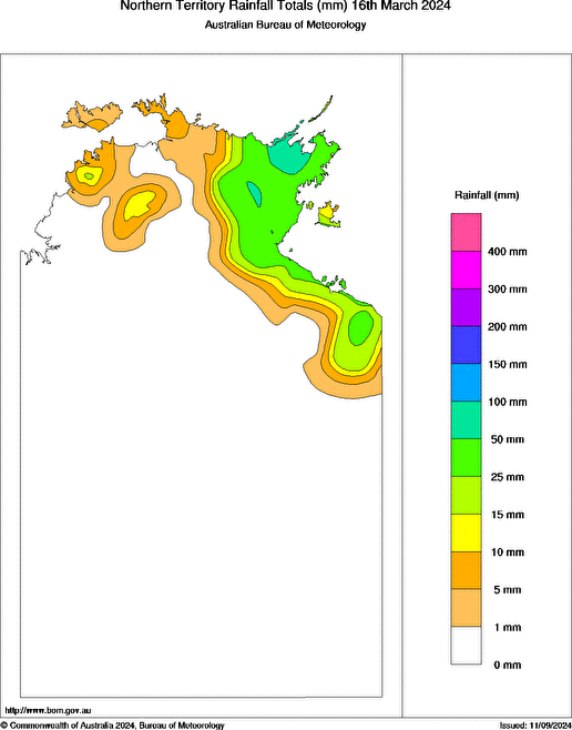 Daily rainfall totals for Northern Territory