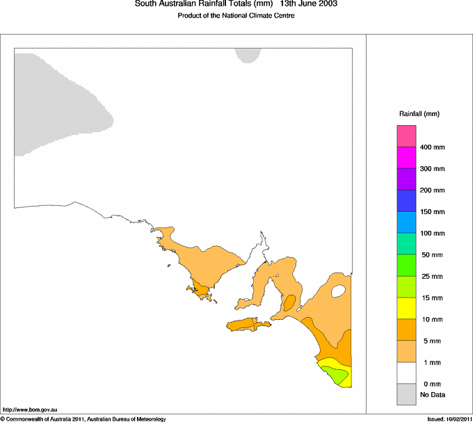 Daily rainfall totals for South Australia