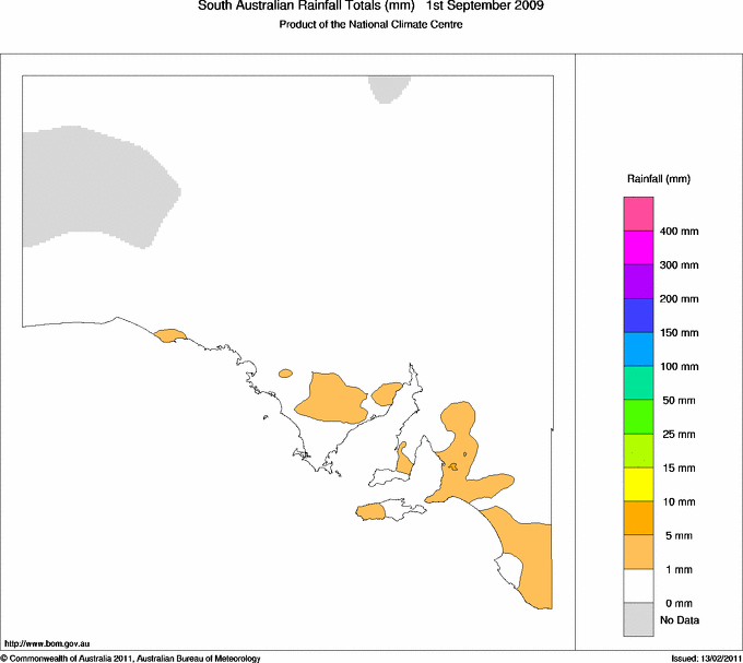 Daily rainfall totals for South Australia