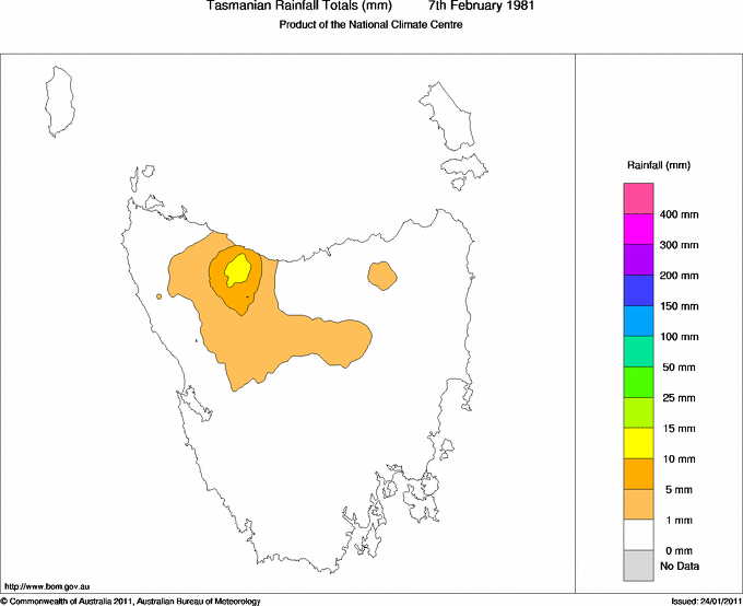 Daily rainfall totals for Tasmania