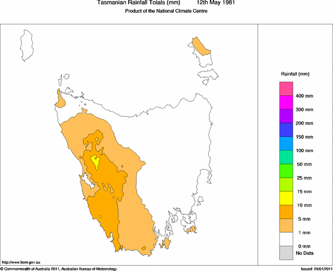 Daily rainfall totals for Tasmania
