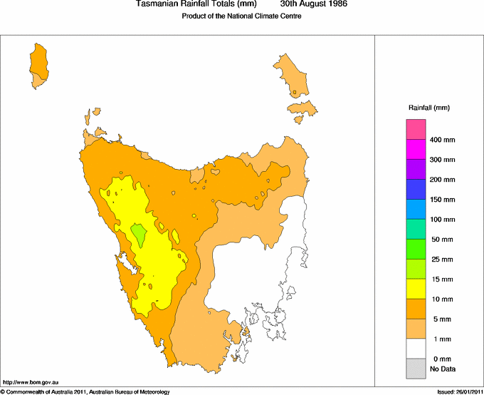 Daily rainfall totals for Tasmania