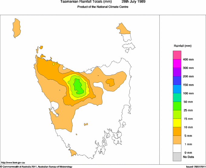 Daily rainfall totals for Tasmania