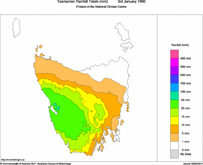 Daily rainfall totals for Tasmania