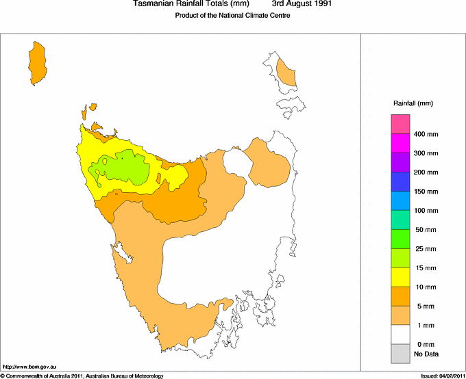 Daily rainfall totals for Tasmania