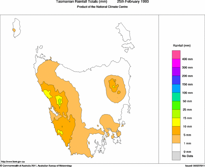 Daily rainfall totals for Tasmania