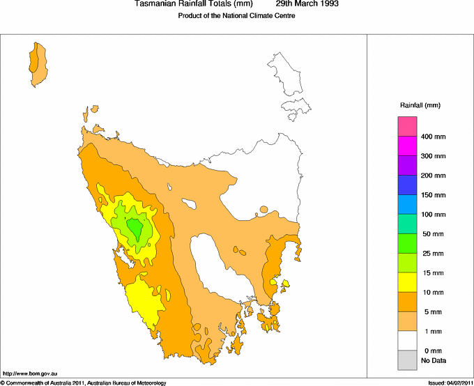 Daily rainfall totals for Tasmania