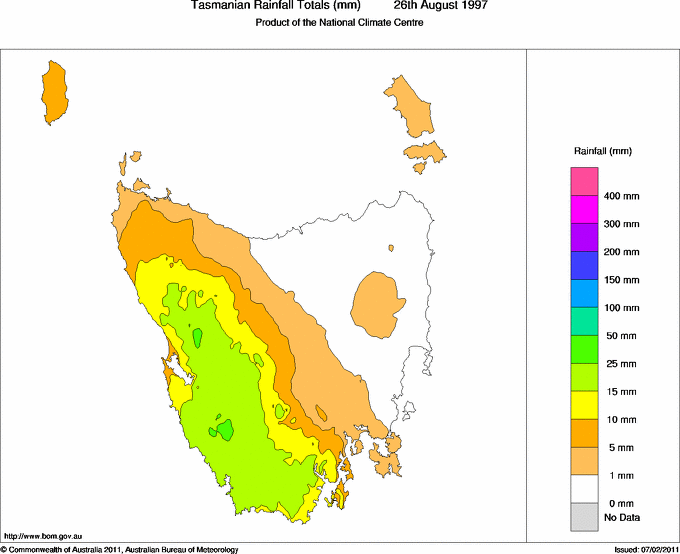 Daily rainfall totals for Tasmania