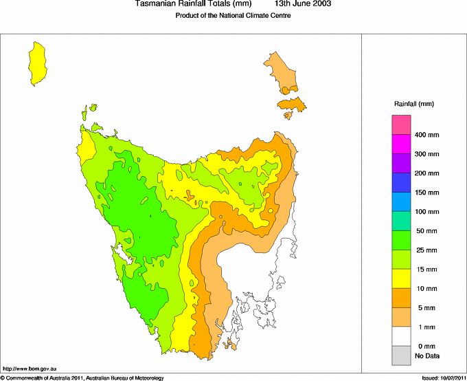Daily rainfall totals for Tasmania