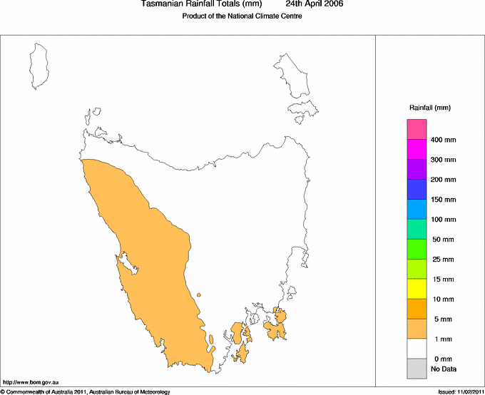 Daily rainfall totals for Tasmania