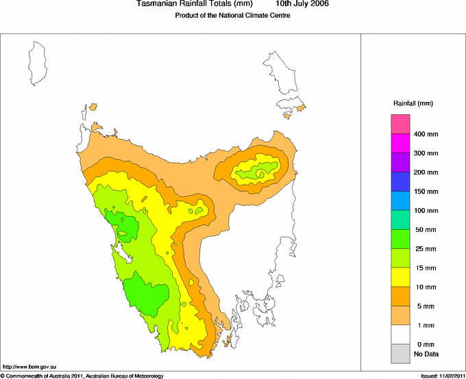 Daily rainfall totals for Tasmania