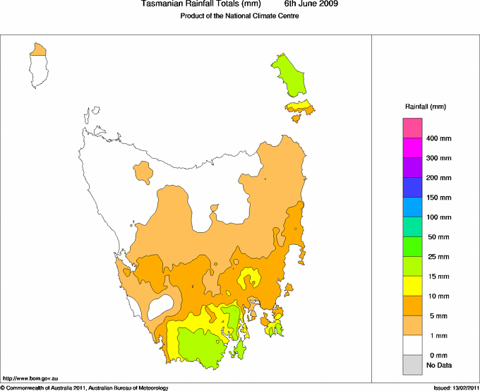 Daily rainfall totals for Tasmania