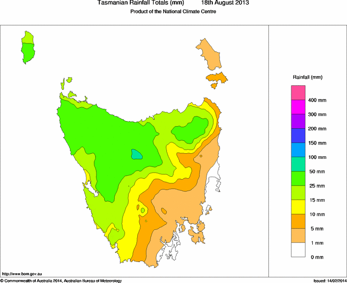 Daily rainfall totals for Tasmania