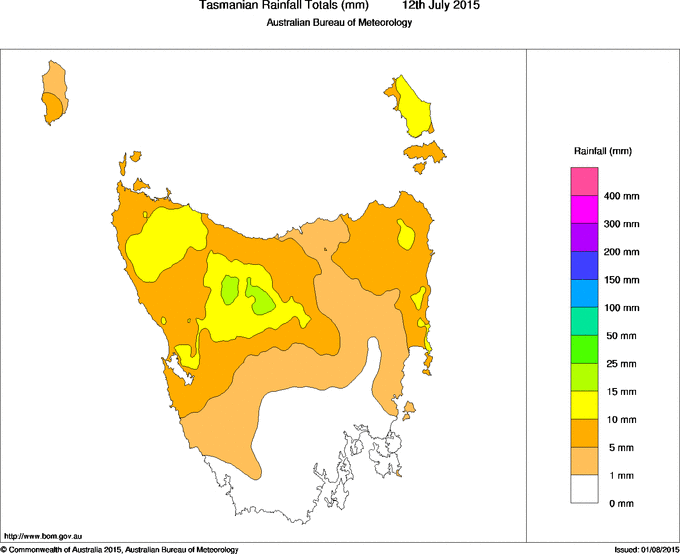 Daily rainfall totals for Tasmania