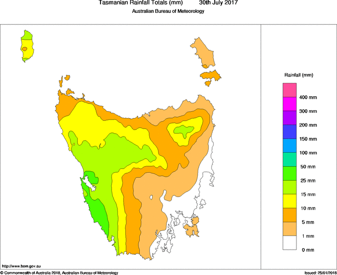 Daily rainfall totals for Tasmania