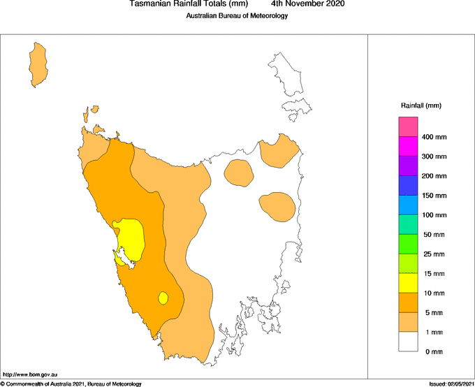 Daily rainfall totals for Tasmania