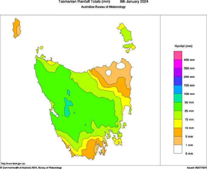 Daily rainfall totals for Tasmania