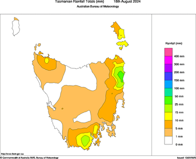 Daily rainfall totals for Tasmania