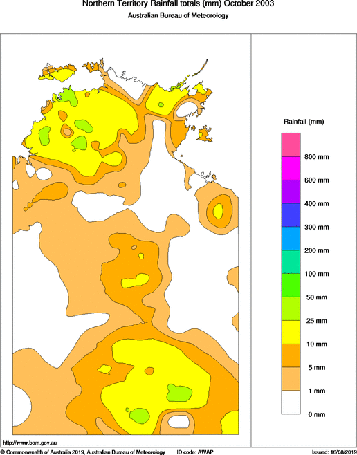 Monthly rainfall totals for Northern Territory