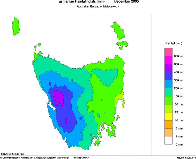 Monthly rainfall totals for Tasmania