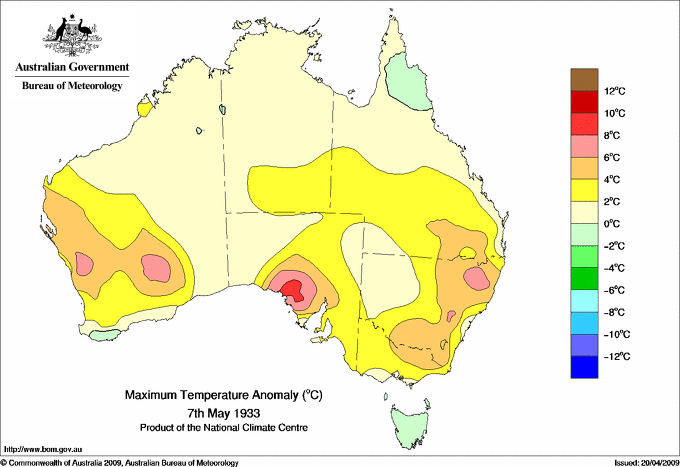 Daily maximum temperature anomaly for Australia