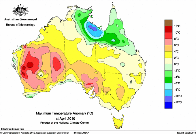 Daily maximum temperature anomaly for Australia