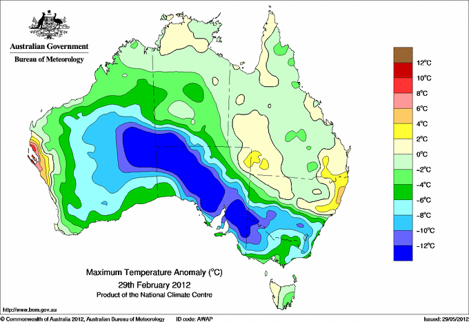 Daily maximum temperature anomaly for Australia
